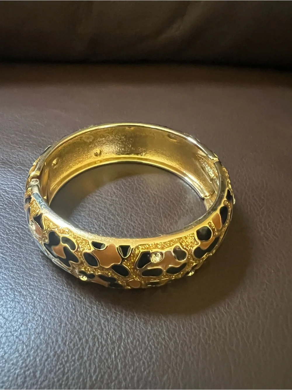 Bracelet Bangle with Enamel and Rhinestones Gold Tone Metal Black Brown